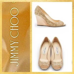 Jimmy Choo Baxten Gold Glitter Metallic Wedge Peep-Toe Shoes 36.5